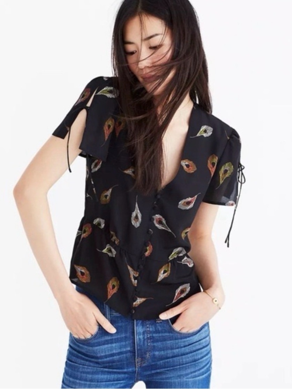 Madewell Black Silk Belle Short-Sleeve Blouse Feather Print Witchy Whimsigoth 00